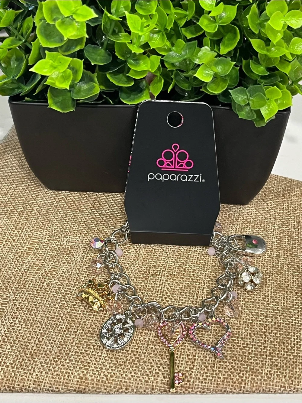 Paparazzi Silver and Pink Crystal Charm Bracelet